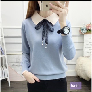 Áo len cổ bẻ nơ ren