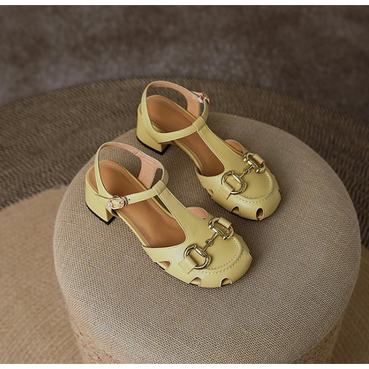 Giày cao gót da hở ngón phối khóa kim loại thời trang mùa hè phong cách Pháp 2022 cho nữ