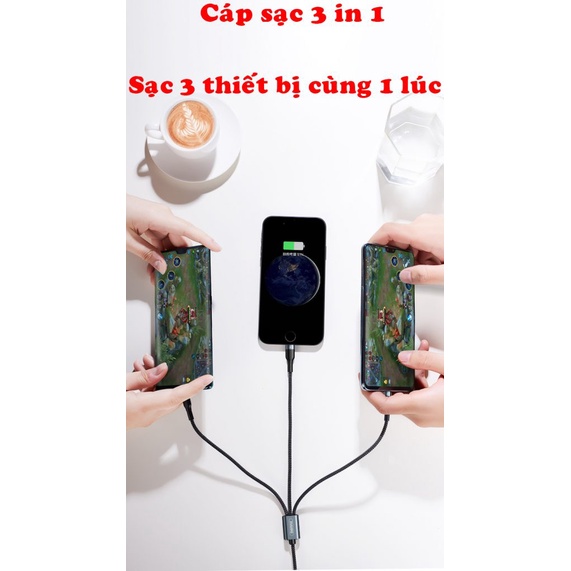 Cáp sạc 3 đầu đa năng Remax bọc dù,Cáp sạc 3 đầu ,TypeC,Micro USB