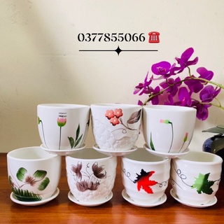 Chậu trồng cây mini để bàn có đĩa lót hứng nước khi tưới, chậu size rộng 12cm, cao 11cm, men trắng họa tiết tráng bóng