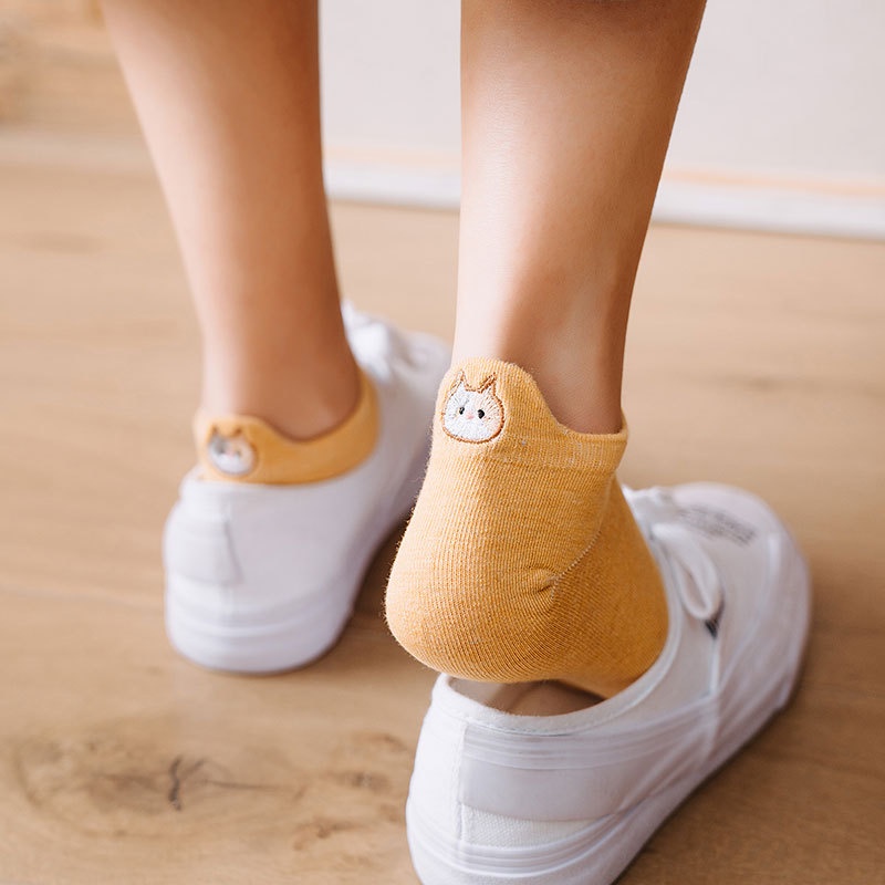 1 Đôi Vớ Cotton Cổ Thấp Thoáng Khí Thêu Họa Tiết Mèo Hoạt Hình Dễ Thương Thời Trang Xuân Hè Cho Nữ
