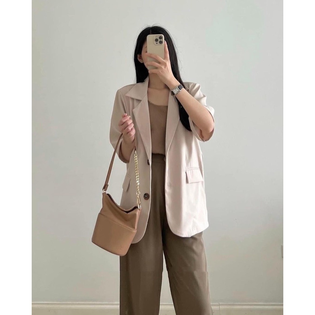 Blazer nữ tay ngắn, áo khoác blazer nữ 1 lớp cộc tay vạt tròn có đệm vai hàng thiết kế có size Junnie Closet | WebRaoVat - webraovat.net.vn