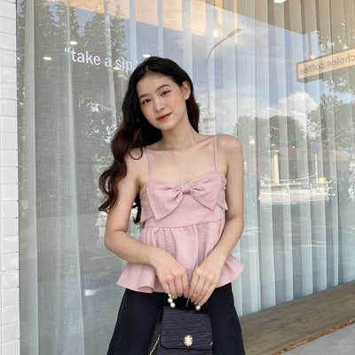 YU CHERRY | Áo hai dây nữ điểm nơ trước ngực, Linen Cami Bow Top YA382