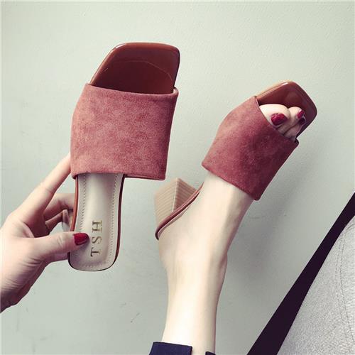 ✁High-heeled slippers female d summer fashion all-match outer wear thick-heeled personality square toe outdoor Korean sandals women s shoes 2020 new