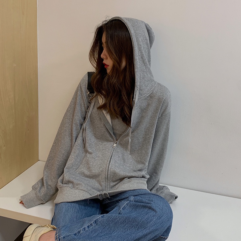 SUXI Áo Khoác Thể Thao Tay Dài Dáng Rộng Phối Khóa Kéo Phong Cách Hàn Quốc Thời Trang Cá Tính Cho Nữ