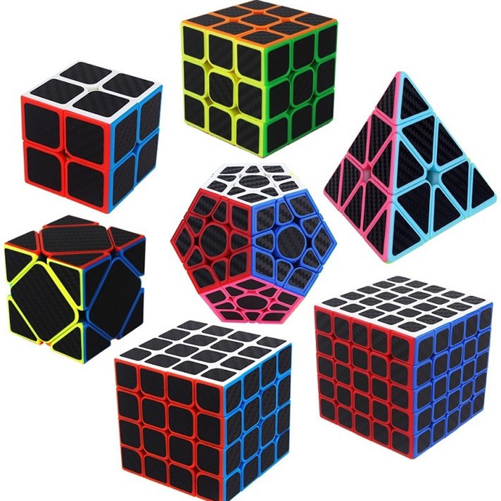 Set 7 Rubik Carbon + SÁCH CÔNG THỨC, 7 ĐẾ MOYU. Rubic 2x2 3x3 4x4 5x5 Tam Giác 12 Mặt Skewb