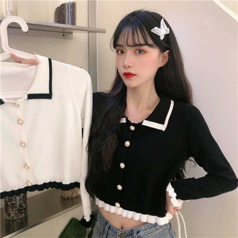 Áo Khoác Cardigan Dệt Kim Tay Dài Cổ Búp Bê Phong Cách Mới