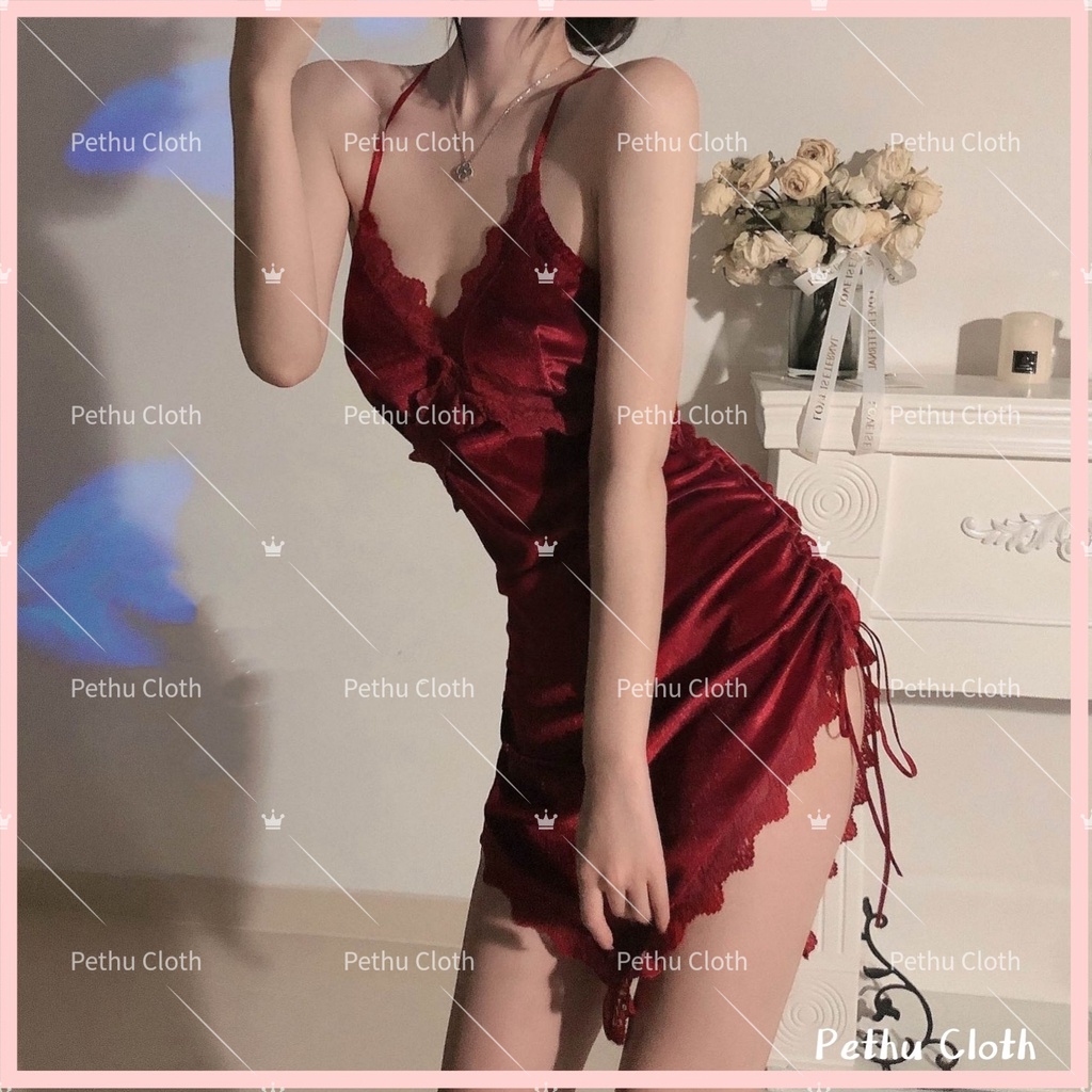 (Q1,HCM）Đầm ngủ nữ2 dây ren quyến rũ ren ngực sexy kèm quần lót lọt khe gợi cảm 40-65kg--014