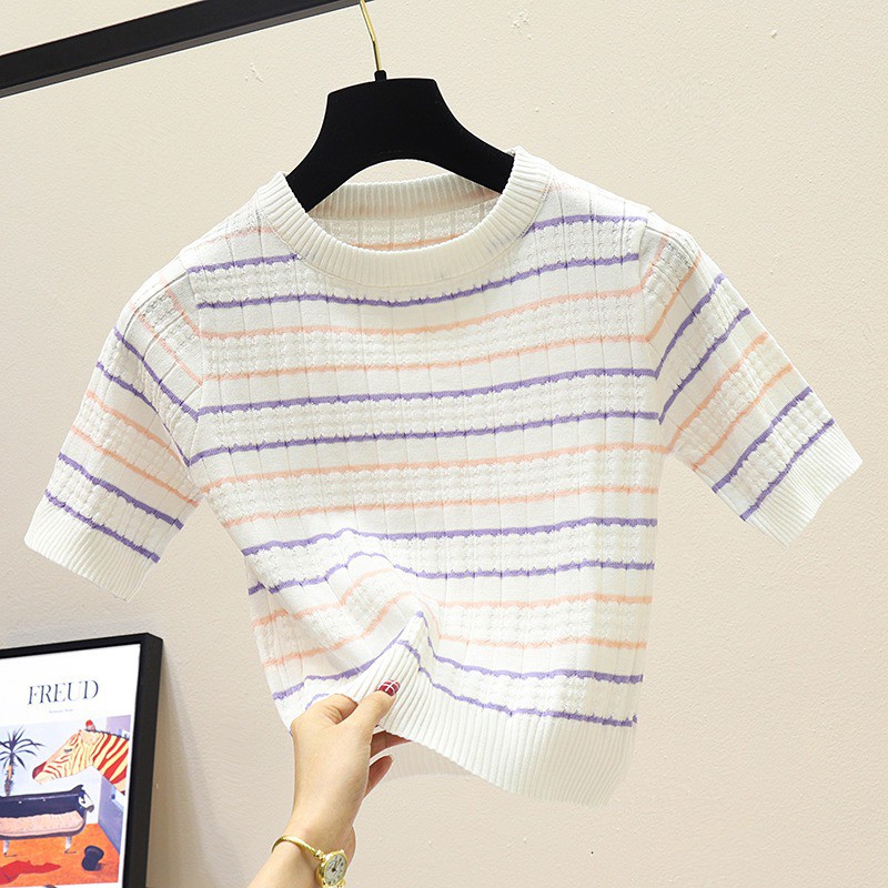  Áo croptop dệt kim ngắn tay họa tiết kẻ sọc cho nữ | BigBuy360 - bigbuy360.vn
