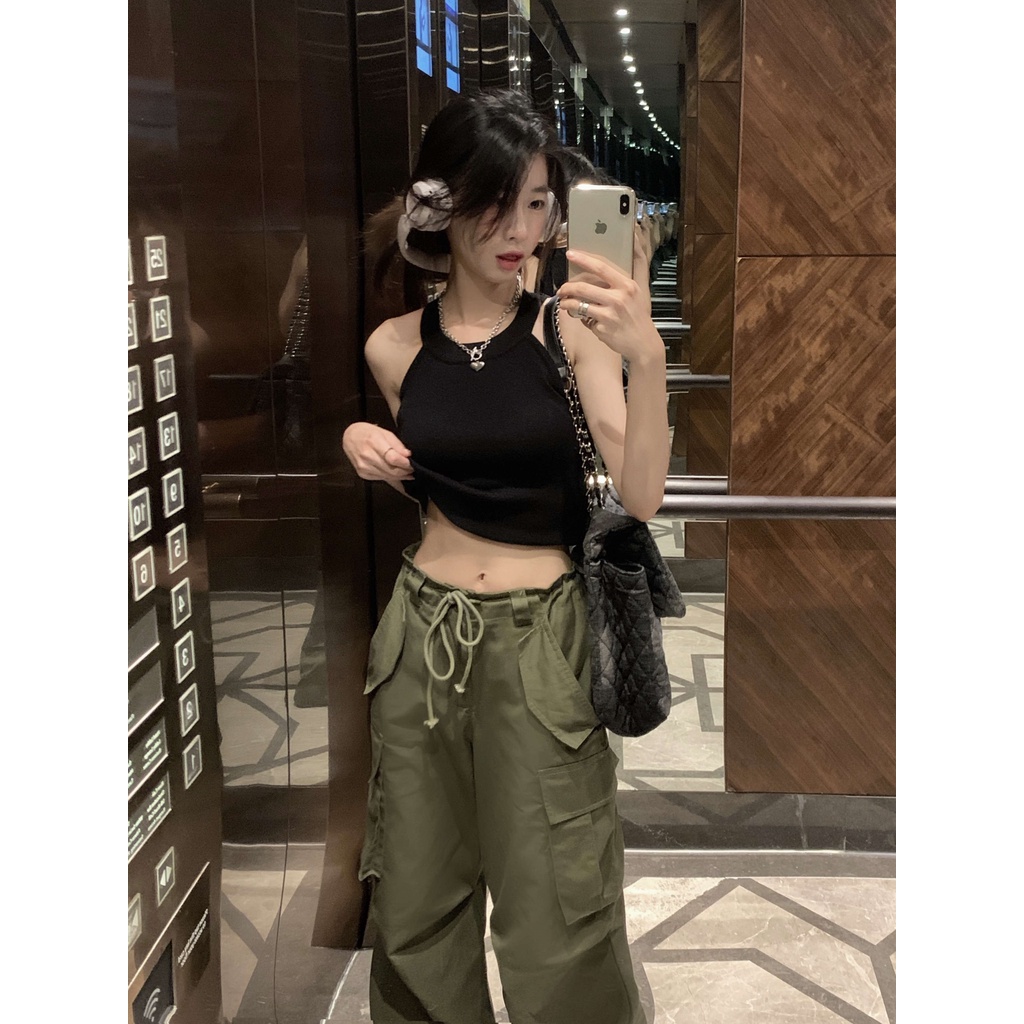 QADCOL Set Đồ Thể Thao Hai Mảnh Mùa Hè Gồm Áo Ba Lỗ Dáng Ngắn Màu Đen Ngọt Ngào Và Mát Mẻ Cho Nữ