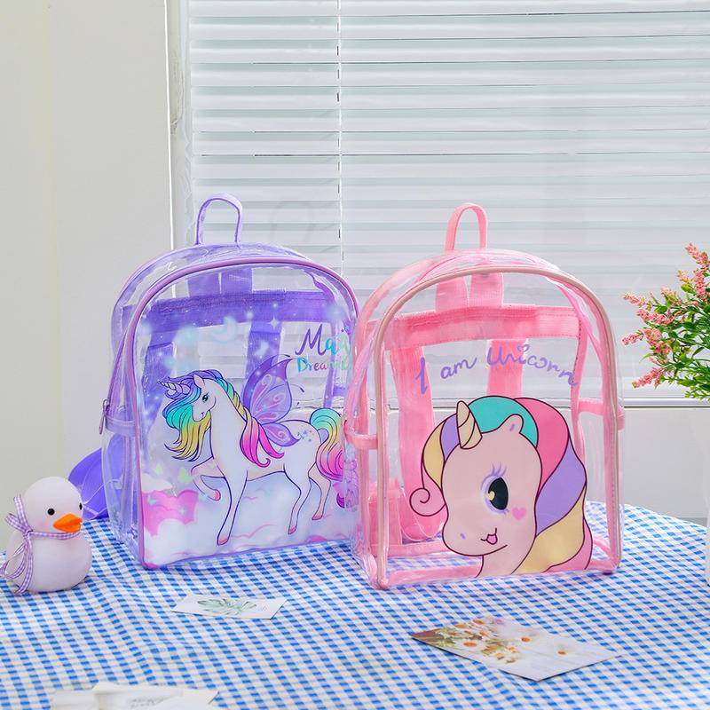 ba lô cho bé mẫu giáo,balo nhựa PVC trong suốt họa tiết kỳ lân dễ thương dành cho bé