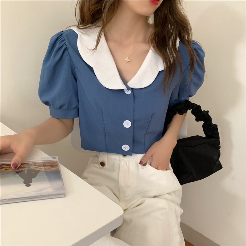 Áo kiểu dáng lửng tay ngắn cổ búp bê xinh xắn dành cho nữ