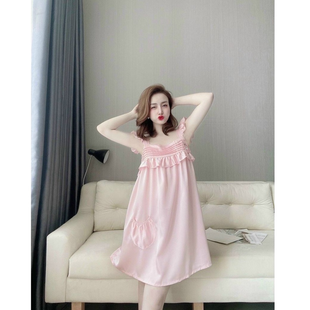 Đầm ngủ tiểu thư, Đầm Lụa Satin cao cấp tay cánh tiên có túi dễ thương