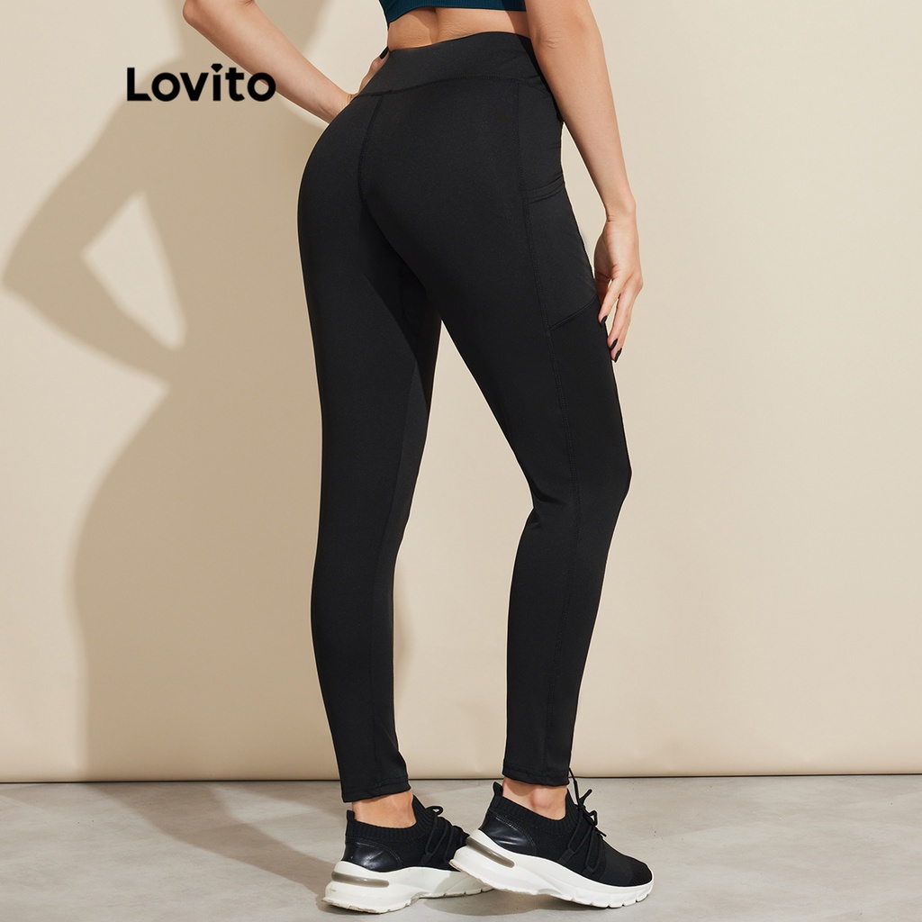 Quần legging Lovito màu trơn có túi lộ mắt cá chân phong cách thể thao cơ bản phù hợp tập Yoga L18X700 (Màu đen)