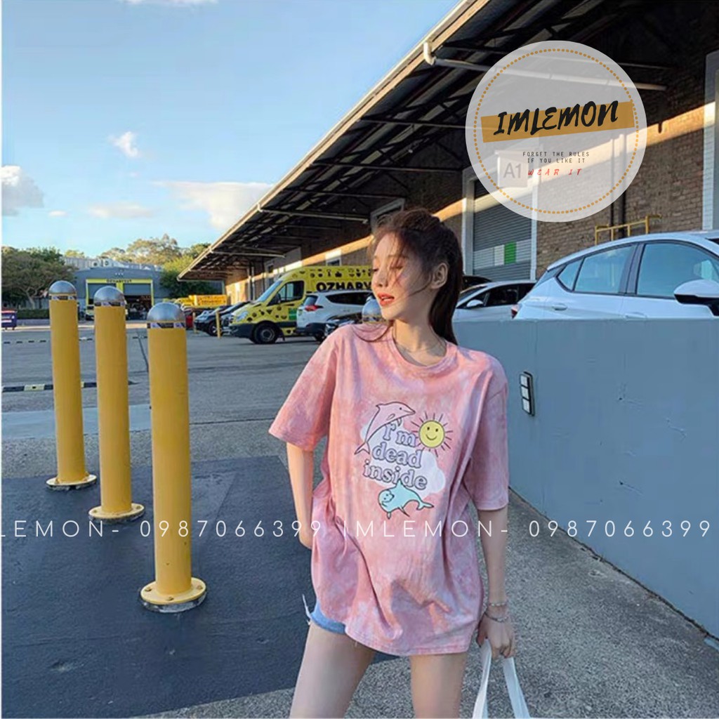 Áo Thun Tay Lỡ Nam Nữ TIE- DYE Loang 2 MÀU IN HÌNH IM DEAD INSIDE SIÊU CUTE