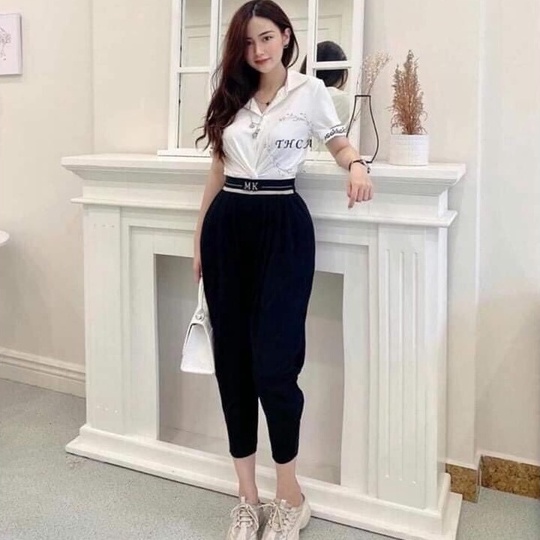 Quần baggy nữ công sở cạp chun chữ co giãn vải Umì màu đen dáng thụng dài - Quần vải nữ cạp cao bó ống bigsize đi học