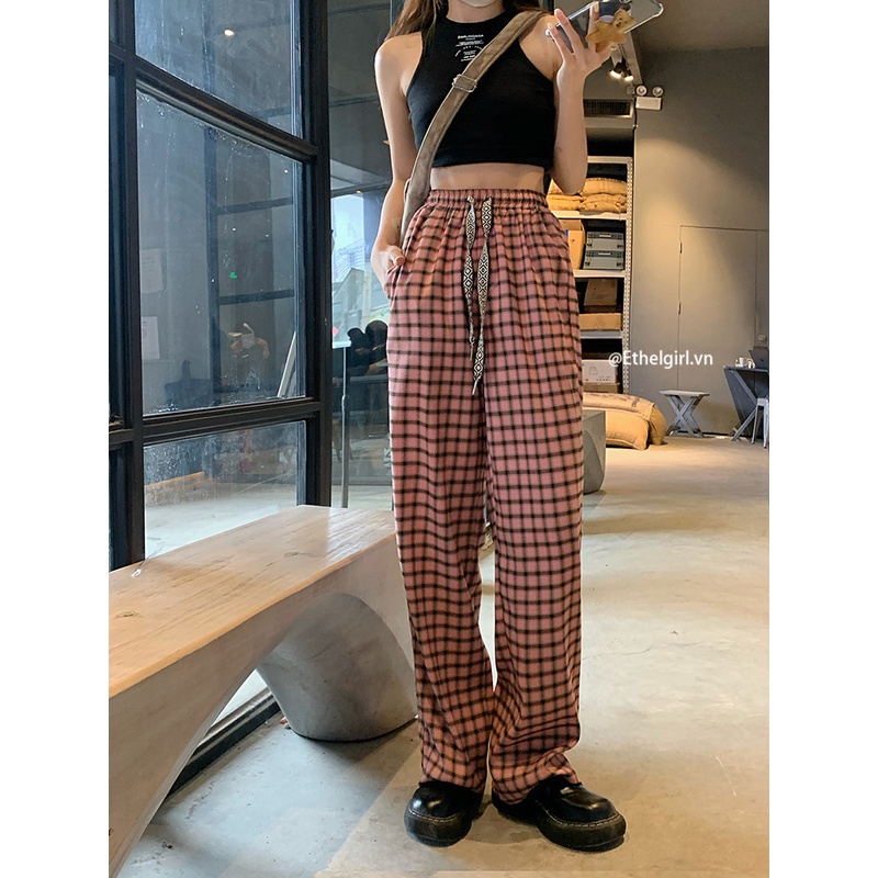 Quần Dài Lưng Cao Ống Rộng Họa Tiết Sọc Caro Phong Cách retro Hàn Quốc Thời Trang Cho Nữ