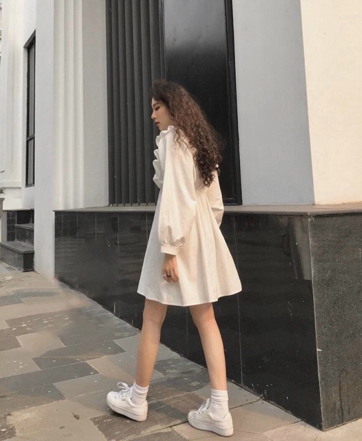 Đầm Babydoll Trắng Cổ Viền Ren Tay Phồng - Freesize | BigBuy360 - bigbuy360.vn