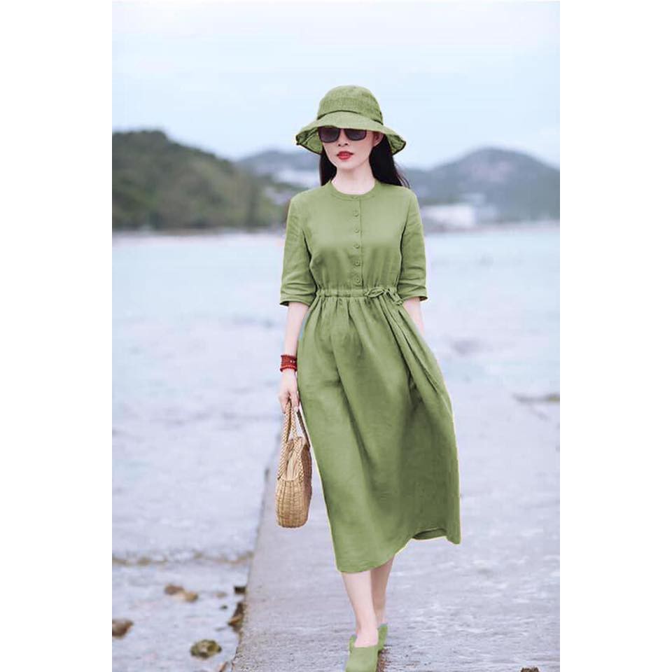 Đầm Linen rút eo, cổ tròn tôn dáng