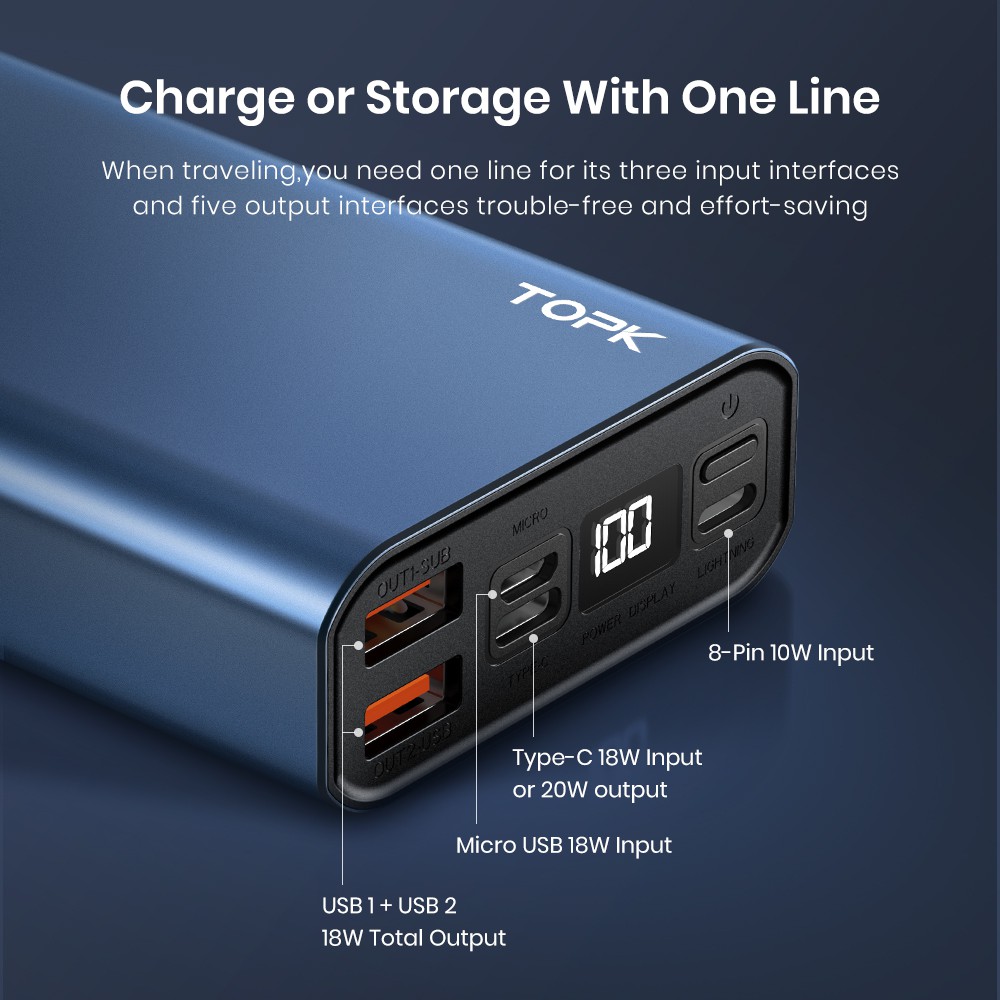 TOPK I2006P 20000mAh PD 18W Powerbank Fast Charging Dual Ports Digital Display