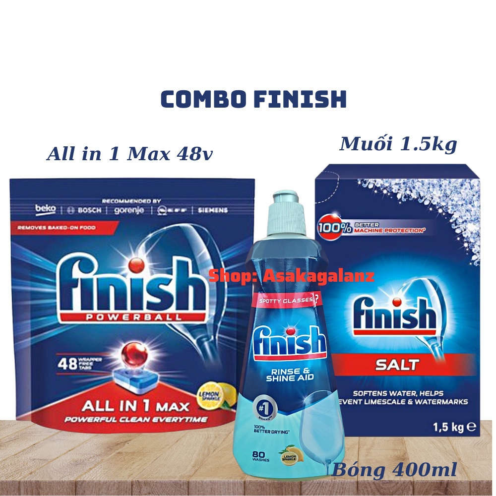[MỚI 2021]Combo rửa bát Finish: Bột 2.5kg, Muối 1.5kg, Nước làm bóng 750ml - Nhập khẩ