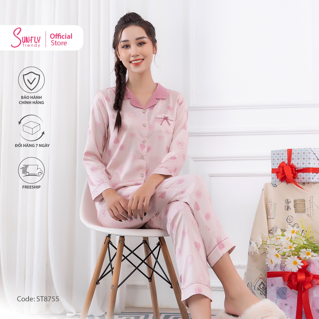 Bộ đồ mặc nhà nữ pijamas lụa SUNFLY áo dài quần dài ST8755