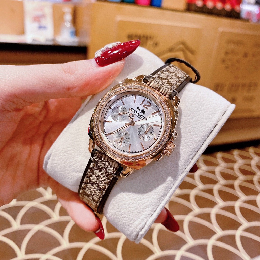 Đồng Hồ Nữ Coach 6 Kim Dây Da Mặt Đính Đá Vỏ Gold 35mm