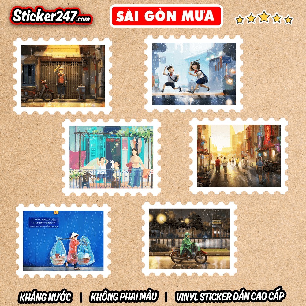 Bộ 12 Sticker khung cảnh Sài Gòn Mưa 🌈𝑭𝒓𝒆𝒆𝒔𝒉𝒊𝒑 chống nước, hình decal dán laptop, ipad, mũ bảo hiểm, guitar, vali, decor