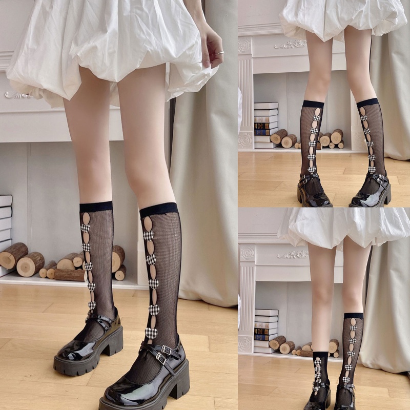 Tất Lưới Phối Ren Họa Tiết Trái Tim 3D Phong Cách Lolita