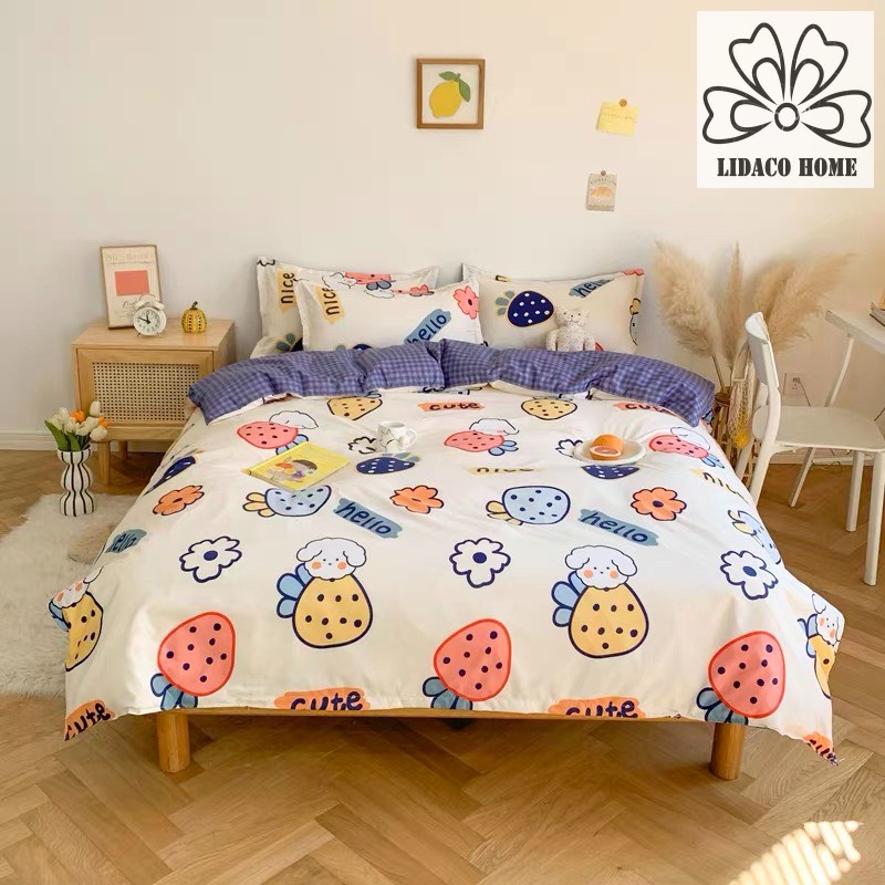 Bộ chăn ga gối cotton poly 2 mặt Lidaco decor phòng ngủ vintage - Dâu sắc màu ( SP001459)
