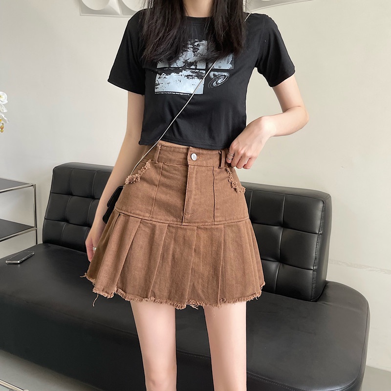 HUANG YOYO Chân váy jean Xếp Ly Lưng Cao Thời Trang Hàn Dành Cho Nữ 2023