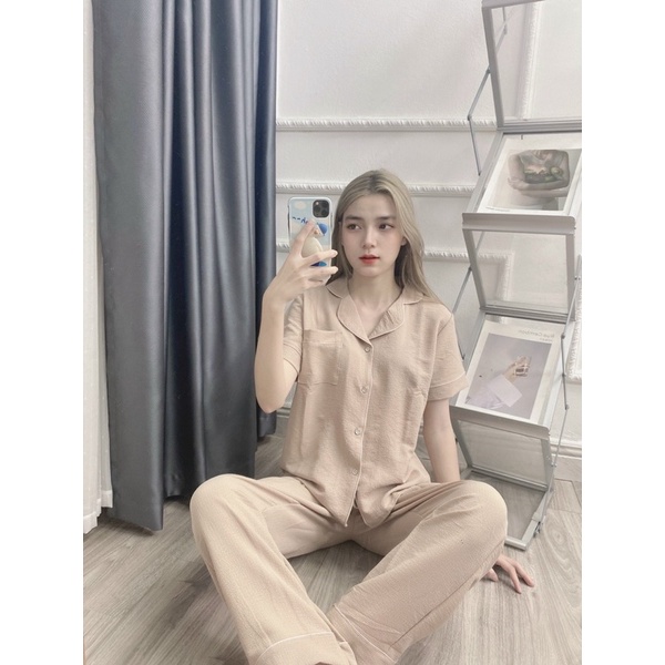 Bộ pijama chất đũi xốp mặc nhà mẫu trơn áo cộc quần dài