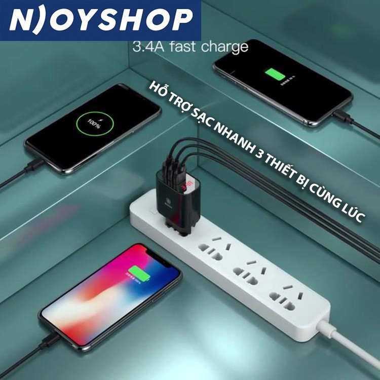 [BH 6 THÁNG] CỦ SẠC NHANH 3 CỔNG USB MÀN HÌNH LED CHÍNH HÃNG BASEUS MIRROR LAKE CHO IPHONE SAMSUNG XIAOMI OPPO HUAWEI