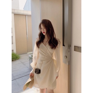 Đầm công sở cổ v thiết kế nơ chéo điệu đà chất tơ lụa cao cấp