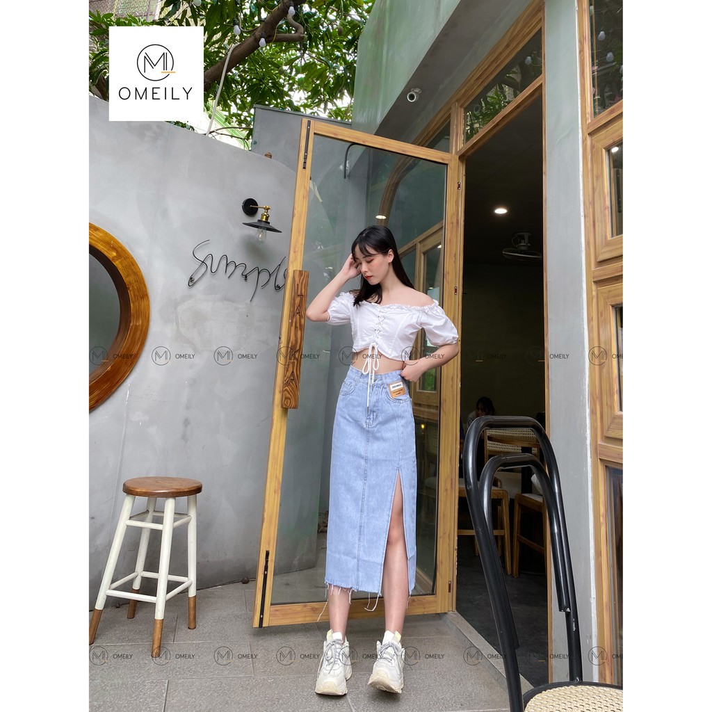 Chân váy Jeans xẻ tà cạp lưng cao chất liệu denim cao cấp Omeily | BigBuy360 - bigbuy360.vn