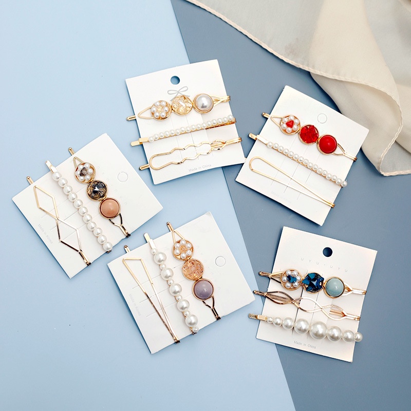 Set 3 kẹp tóc mái kim loại mix hạt ngọc PUHA, cặp tóc nữ đính đá phong cách tiểu thư sang chảnh Hàn Quốc