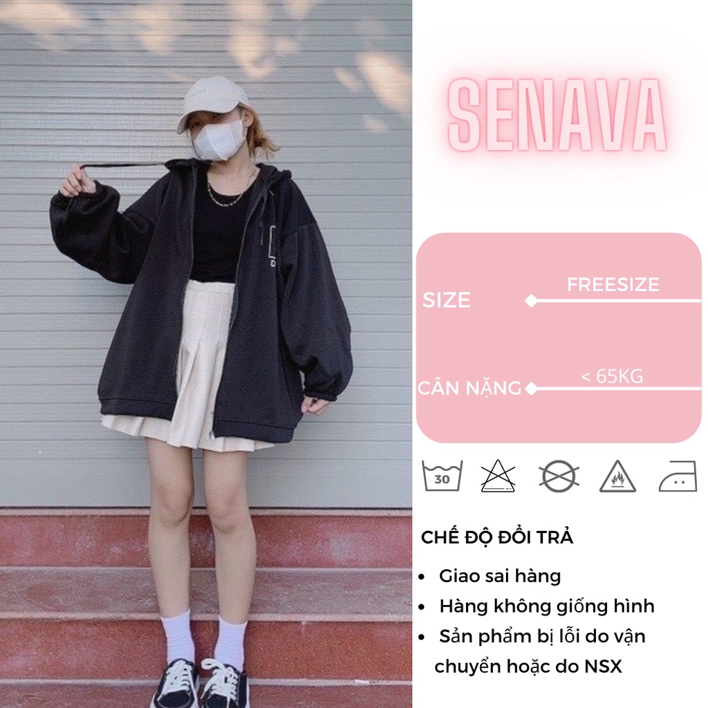 Áo khoác hoodie nữ zip vải nỉ DORIS có mũ nón form rộng ulzzang dễ thương tay phồng mền mịn kiểu dáng bacsic SENAVA AK54