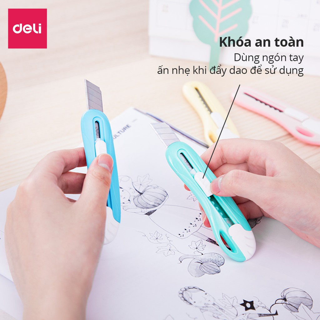 Dao rọc giấy mini 55mm Deli - bỏ túi - 4 màu - Xanh lá/ xanh dương/ hồng/ vàng - 2024