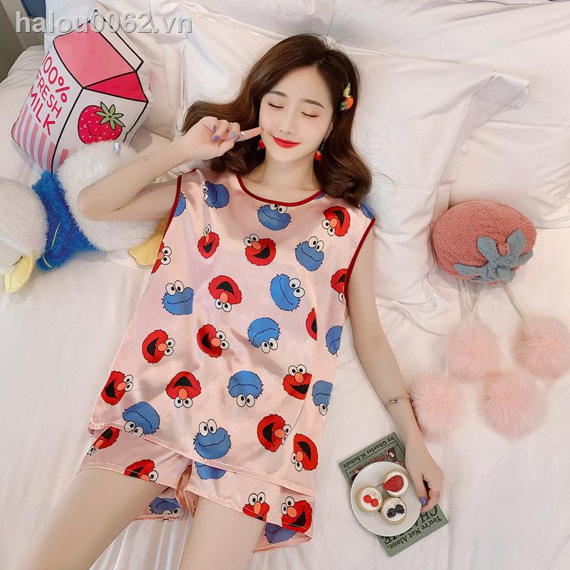 ✶✓♙✿Ready stock✿  Ice silk sexy pajamas female charming summer suit large size net red vest suspenders short-sleeved home clothes can be worn outside