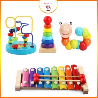 Combo Đồ Chơi Gỗ 4 món: Luồn Hạt- Đàn 8 thanh- Tháp cầu vồng- Sâu Uốn Dẻo