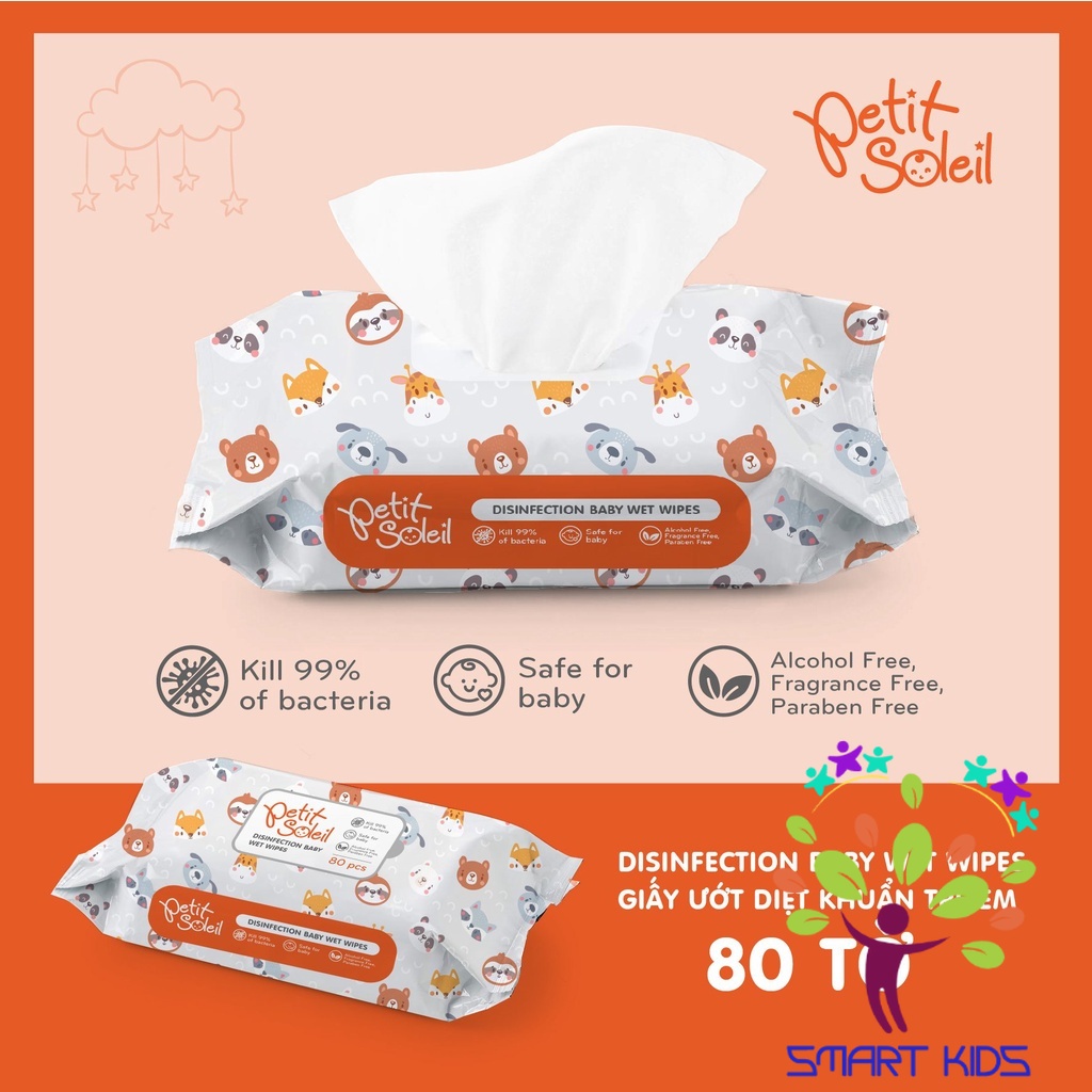 Giấy ướt cao cấp Petit Soleil 80 tờ không mùi , chính hãng an toàn dịu nhẹ cho làn da bé