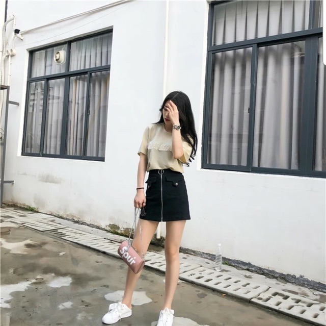 Chân váy Kaki khoá kéo tròn 2 túi đắp