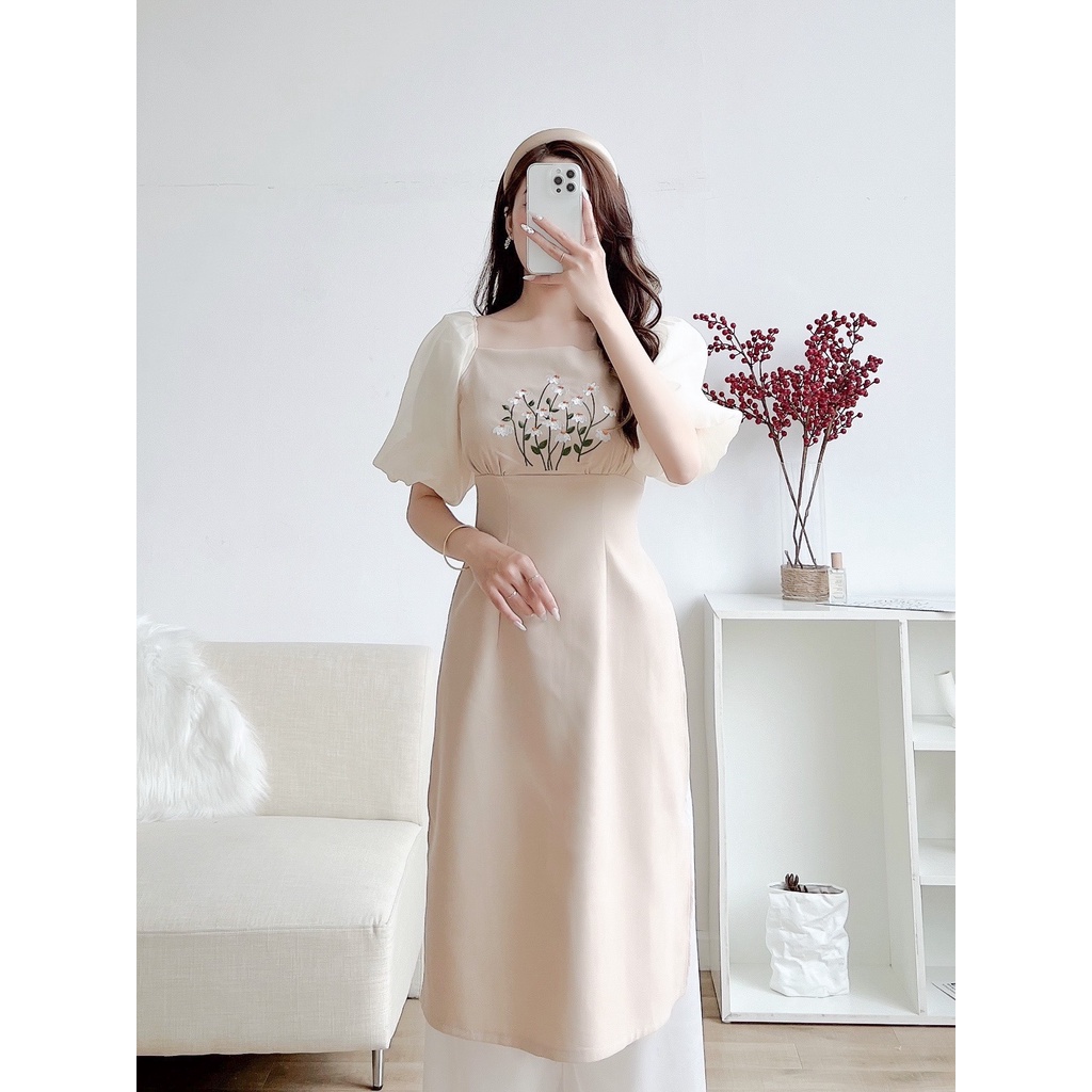 Áo dài cách tân nguyên set kèm chân váy thêu hoa phong cách tiểu thư 1582 IMES SHOP