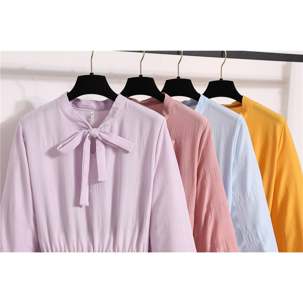 Women Long Sleeve Chiffon Dresses Autumn Solid Bow Neck Elastic Waist Long Dress Female Flare Sleeve A-Line Dress