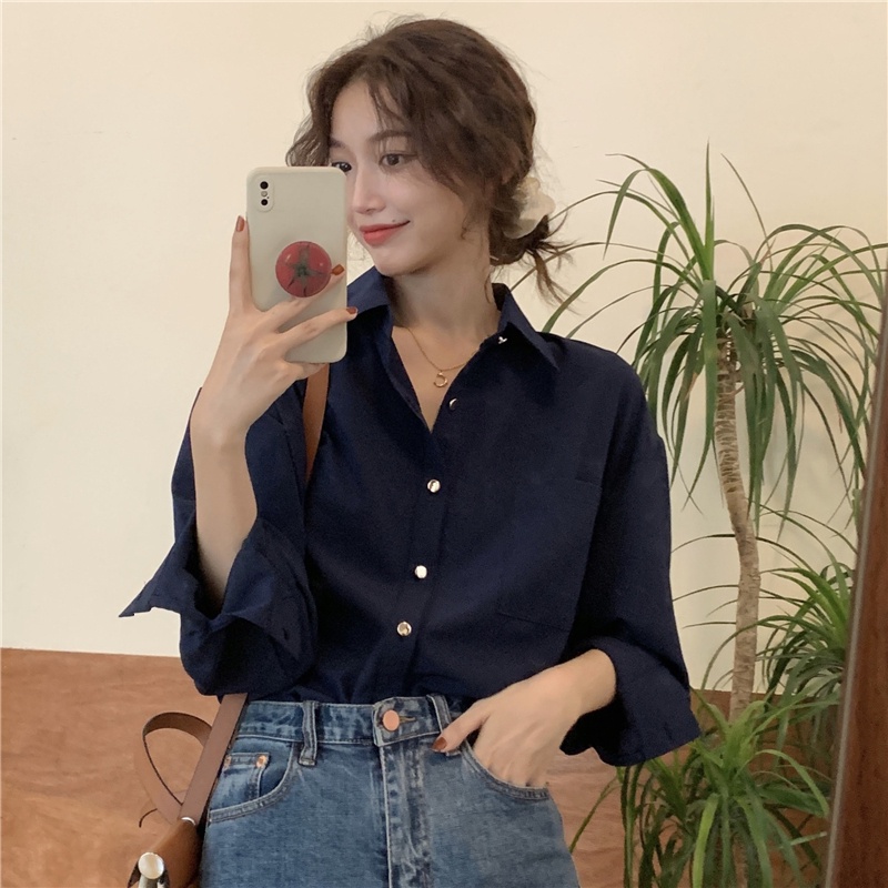 Áo Sơ Mi Dài Tay Phối Nút Kim Loại Phong Cách Retro 48870