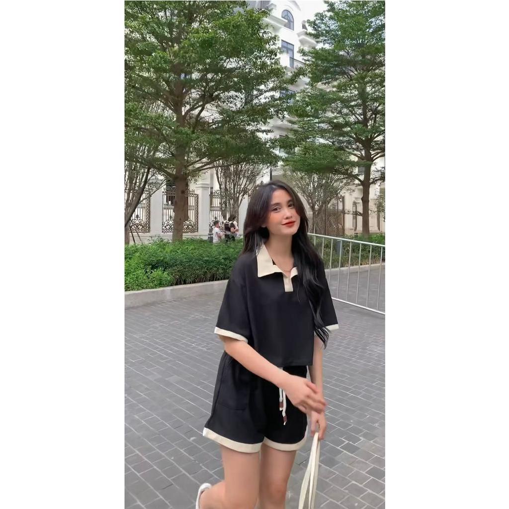 Bộ áo polo dáng ngắn mix sooc tổ ong phối viền nữ [FREESHIP] Set cộc tay kiểu hàn quốc bánh bèo tiểu thư ulzzang