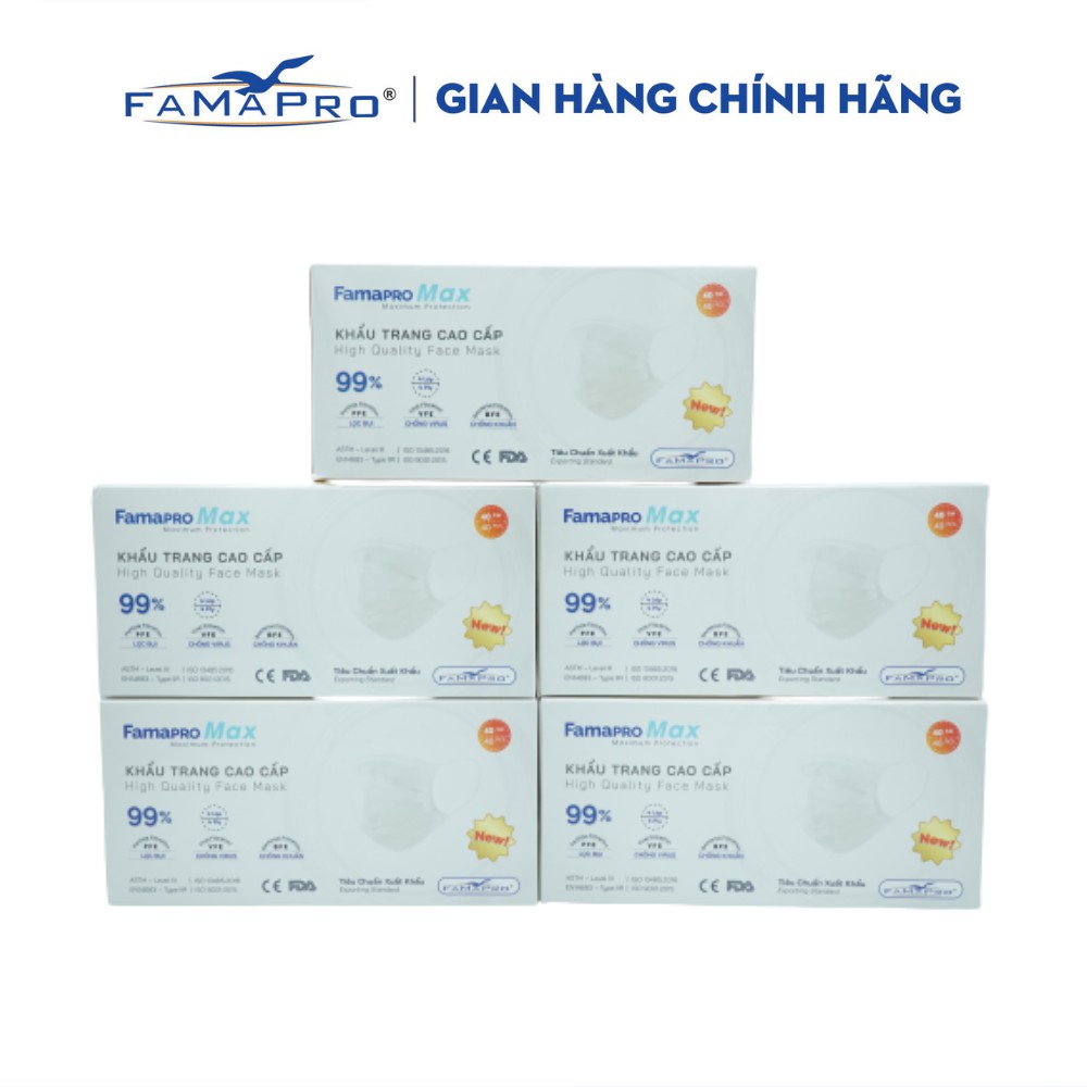 [MAX TRẮNG COMBO 5 HỘP 40 CÁI] Khẩu trang y tế cao cấp kháng khuẩn 4 lớp Famapro max
