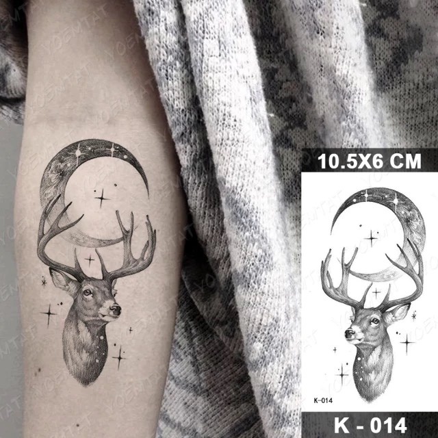 Hình xăm động vật hươu nai ánh trăng k014- miếng dán tatoo tạm thời size &lt;10x6cm