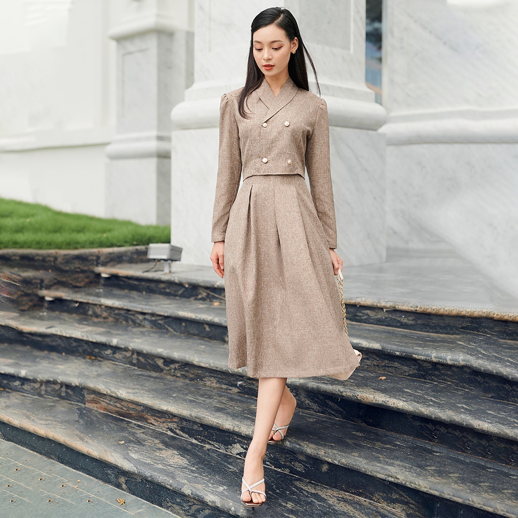 Váy Công Sở Dài Tay LEOSWEARING Set Chân Váy Xòe Xếp Ly Có Túi 2 Bên Áo Sơ Mi Croptop Tay Dài Cổ Vest D48 | BigBuy360 - bigbuy360.vn