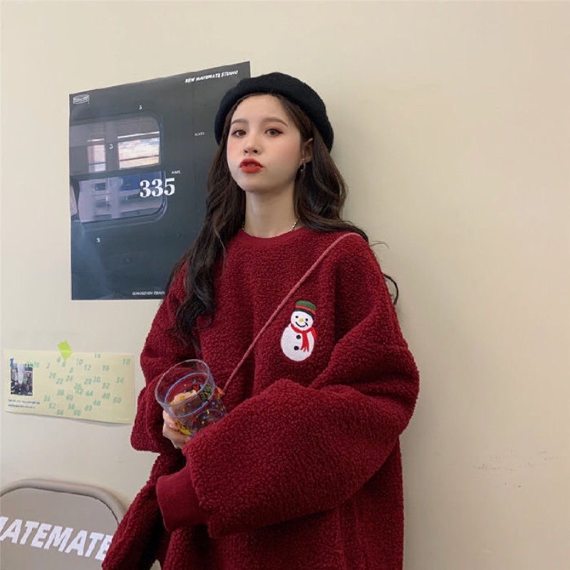 Áo Sweater Len Bông Tay Dài Form Rộng Tặng Kèm Túi Y Hình Mùa Đông Giáng Sinh Noel Cực Xinh